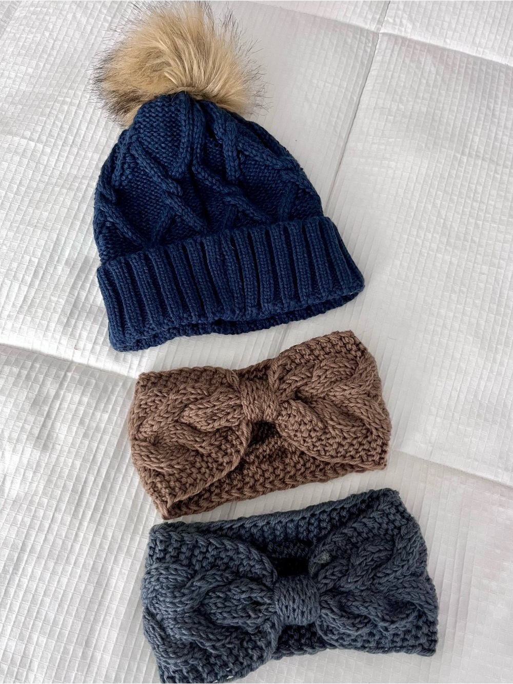 New Set of Knit Pom Beanie and Cable Headband Set